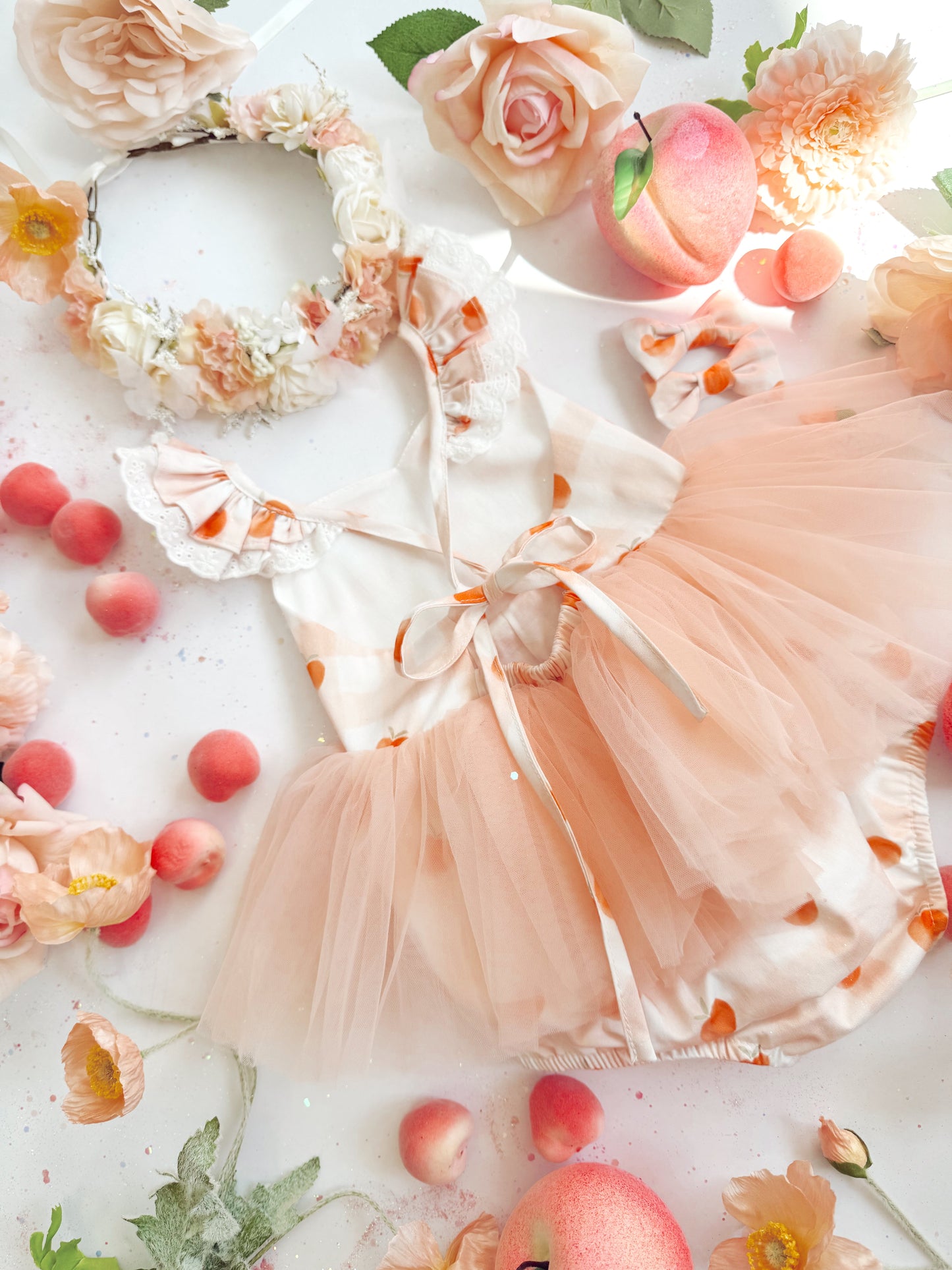 Peach Sorbet Gingham Baby Girl Tulle Party Romper