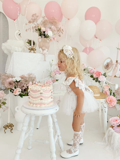 Cottage Fairy Baby Girl Floral White Tulle Party Romper