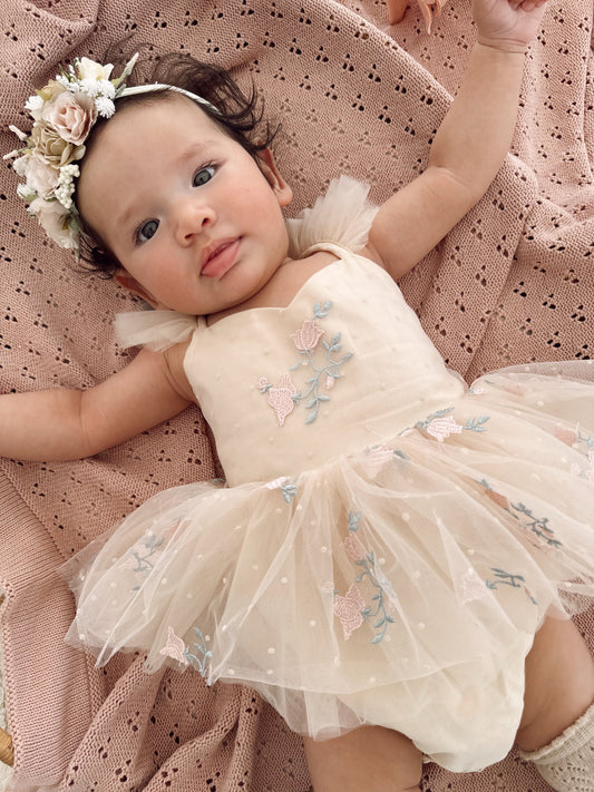 The Rose Champagne Embroidered Baby Girl Tulle Party Romper