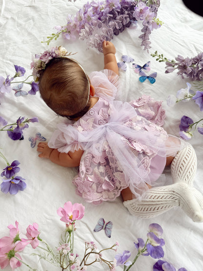 Butterfly Kisses Lilac Pink Rose Embroidered Baby Girl Tulle Party Romper