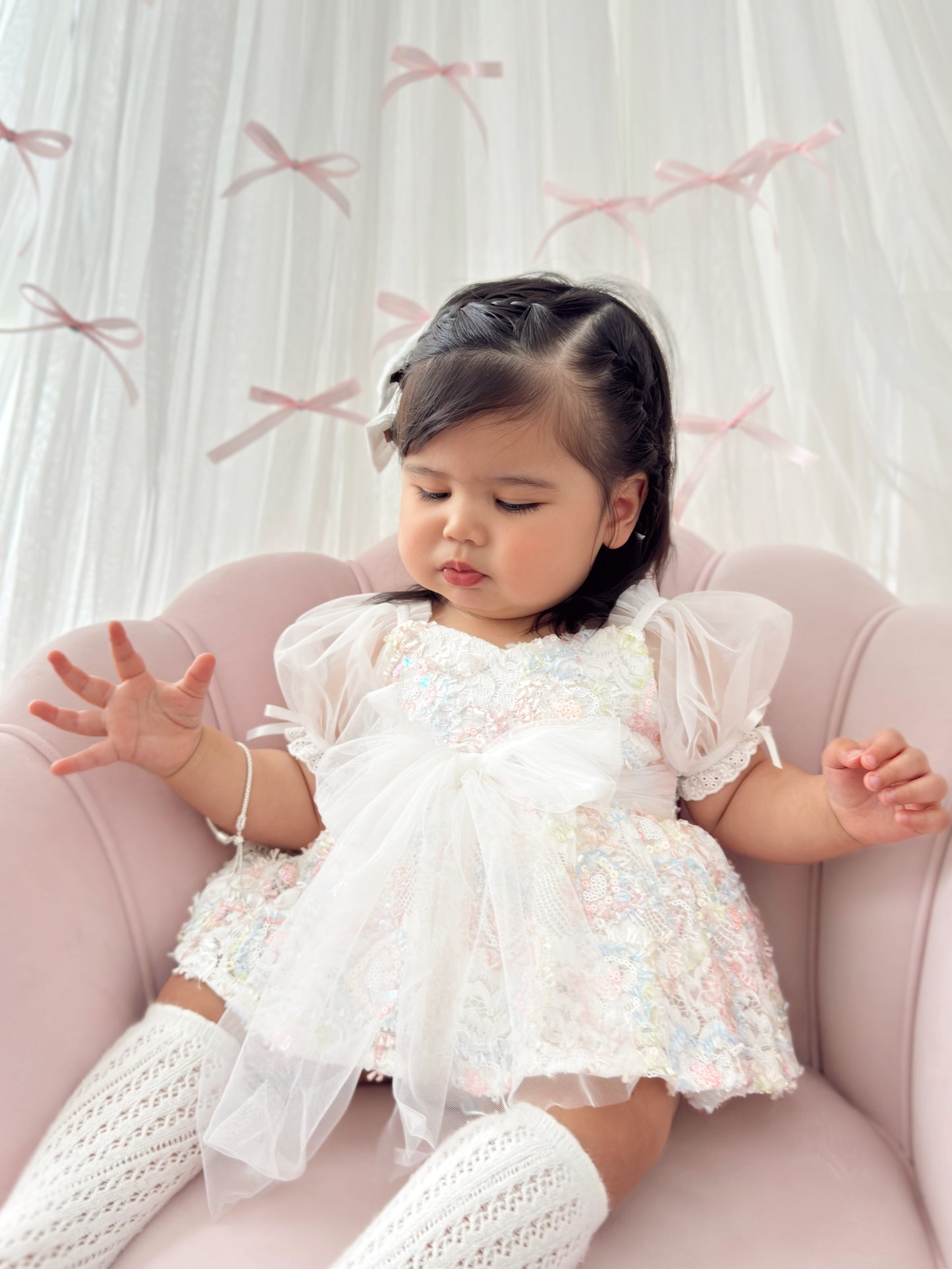 Josephine Lace Blossom Baby Girl Sequin White Tulle Party Romper