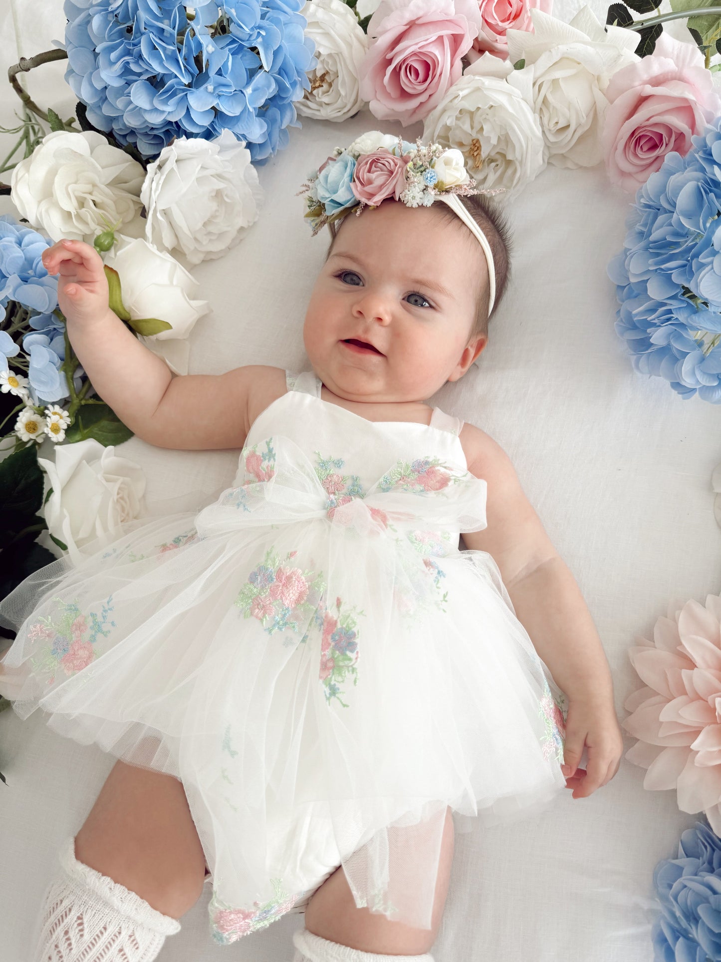 Aletta White Embroidered Baby Girl Tulle Party Romper