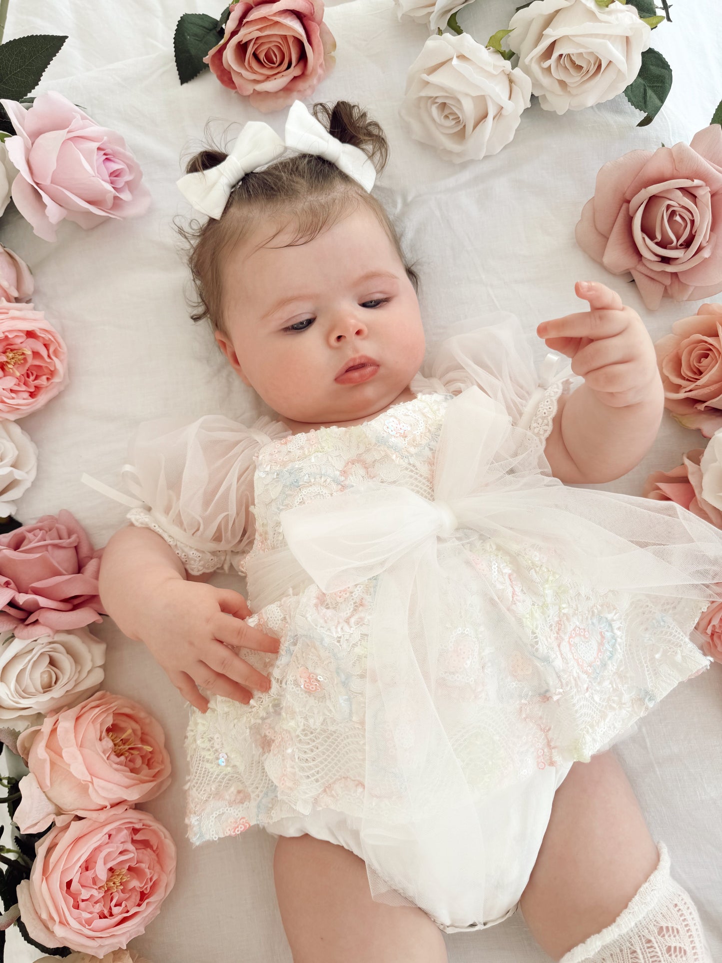 Josephine Lace Blossom Baby Girl Sequin White Tulle Party Romper