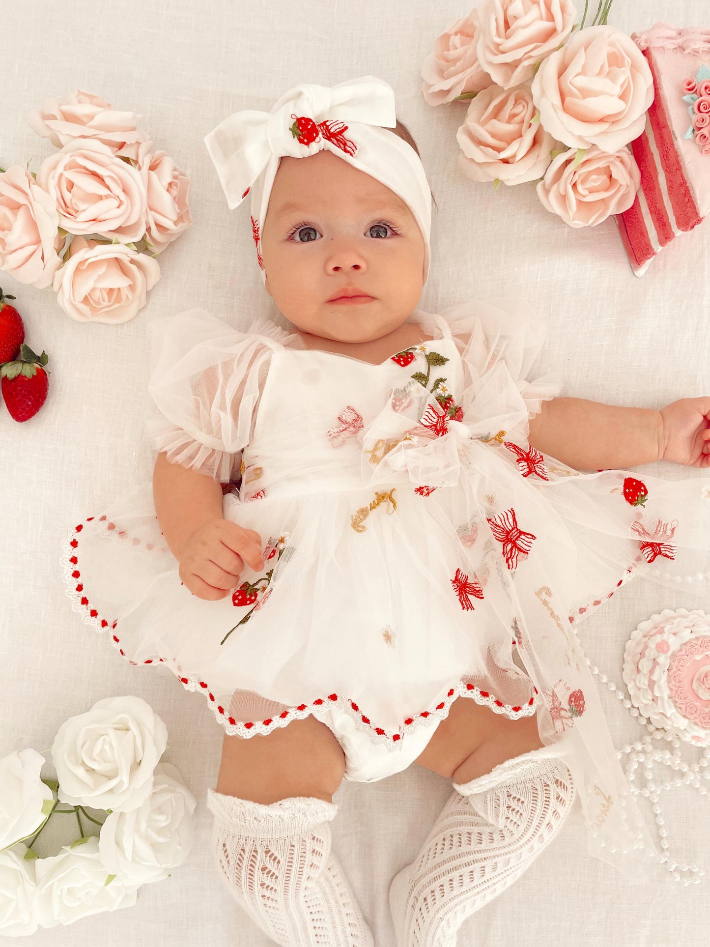 Strawberry Fields White Baby Girl Tulle Party Romper