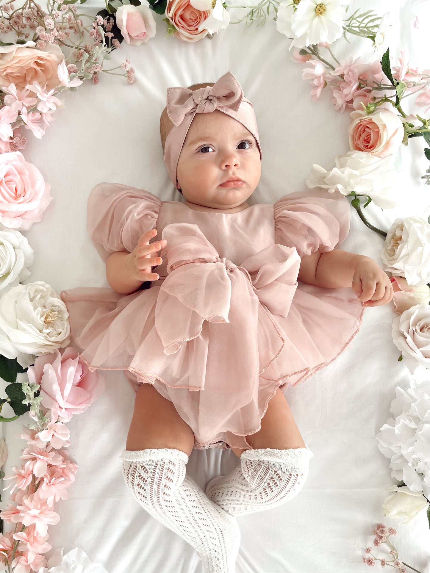 Clementine Matte Blush Rose Pink Organza Baby Girl Romper
