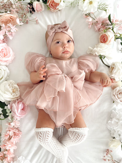 Clementine Matte Blush Rose Pink Organza Baby Girl Romper