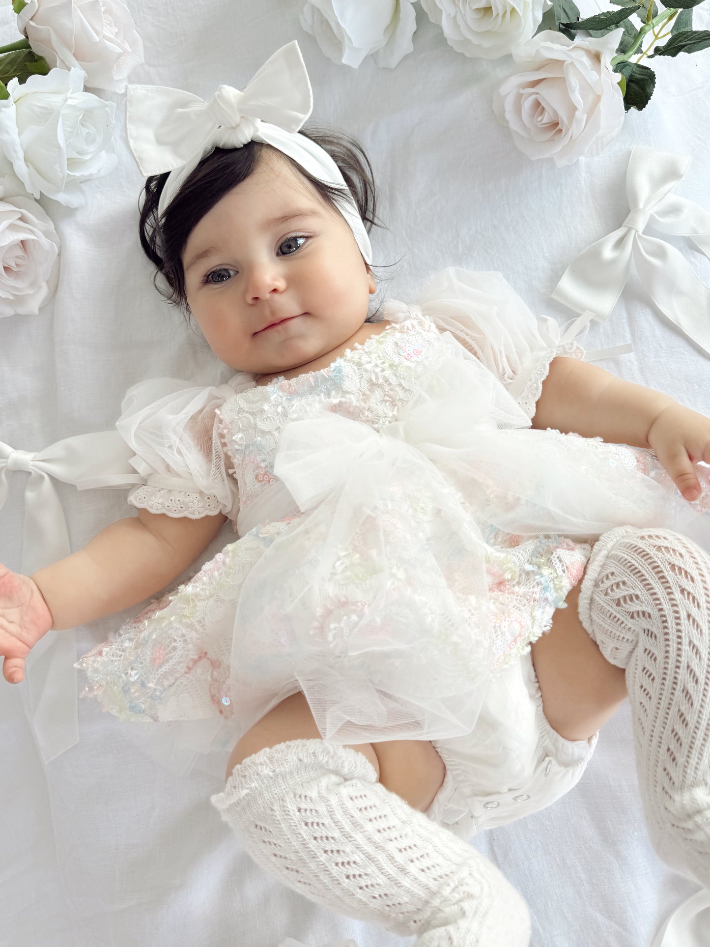 Josephine Lace Blossom Baby Girl Sequin White Tulle Party Romper