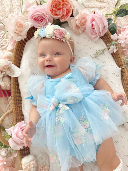 Afina Blue Embroidered Baby Girl Tulle Party Romper