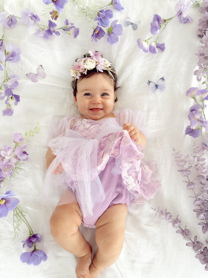 Butterfly Kisses Lilac Pink Rose Embroidered Baby Girl Tulle Party Romper