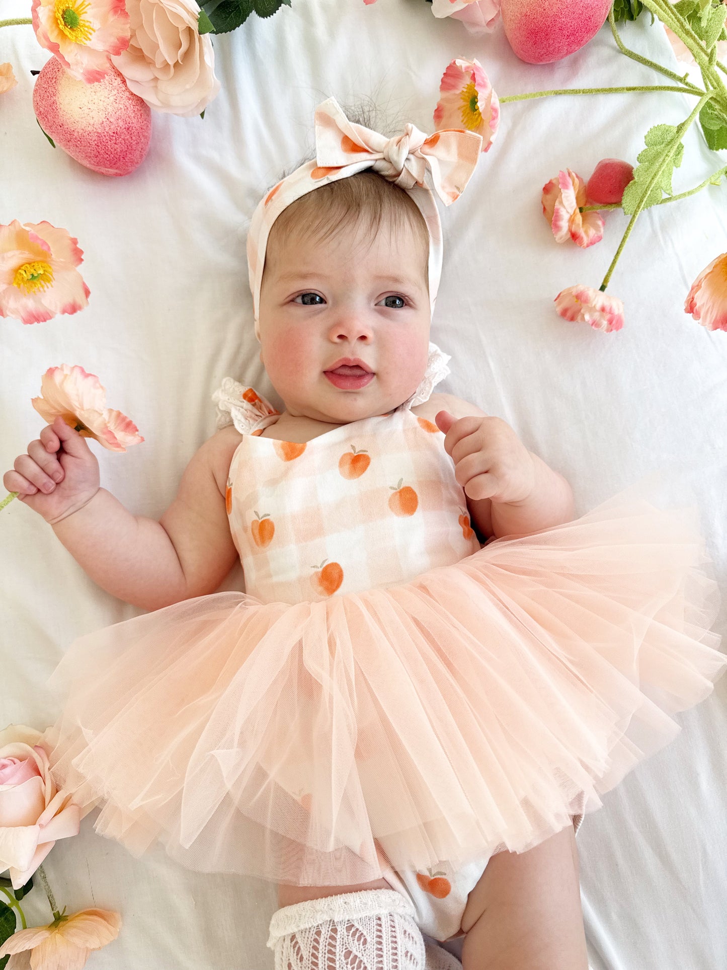 Peach Sorbet Gingham Baby Girl Tulle Party Romper