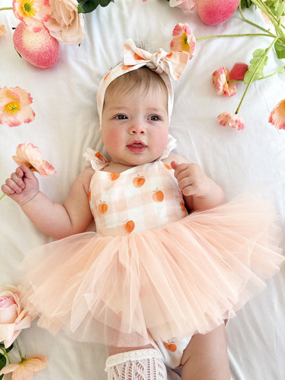 Peach Sorbet Gingham Baby Girl Tulle Party Romper
