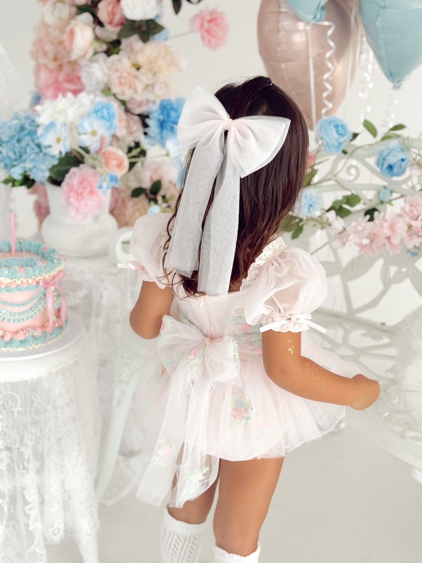 Peony Bloom Petal Pink Embroidered Baby Girl Tulle Party Romper