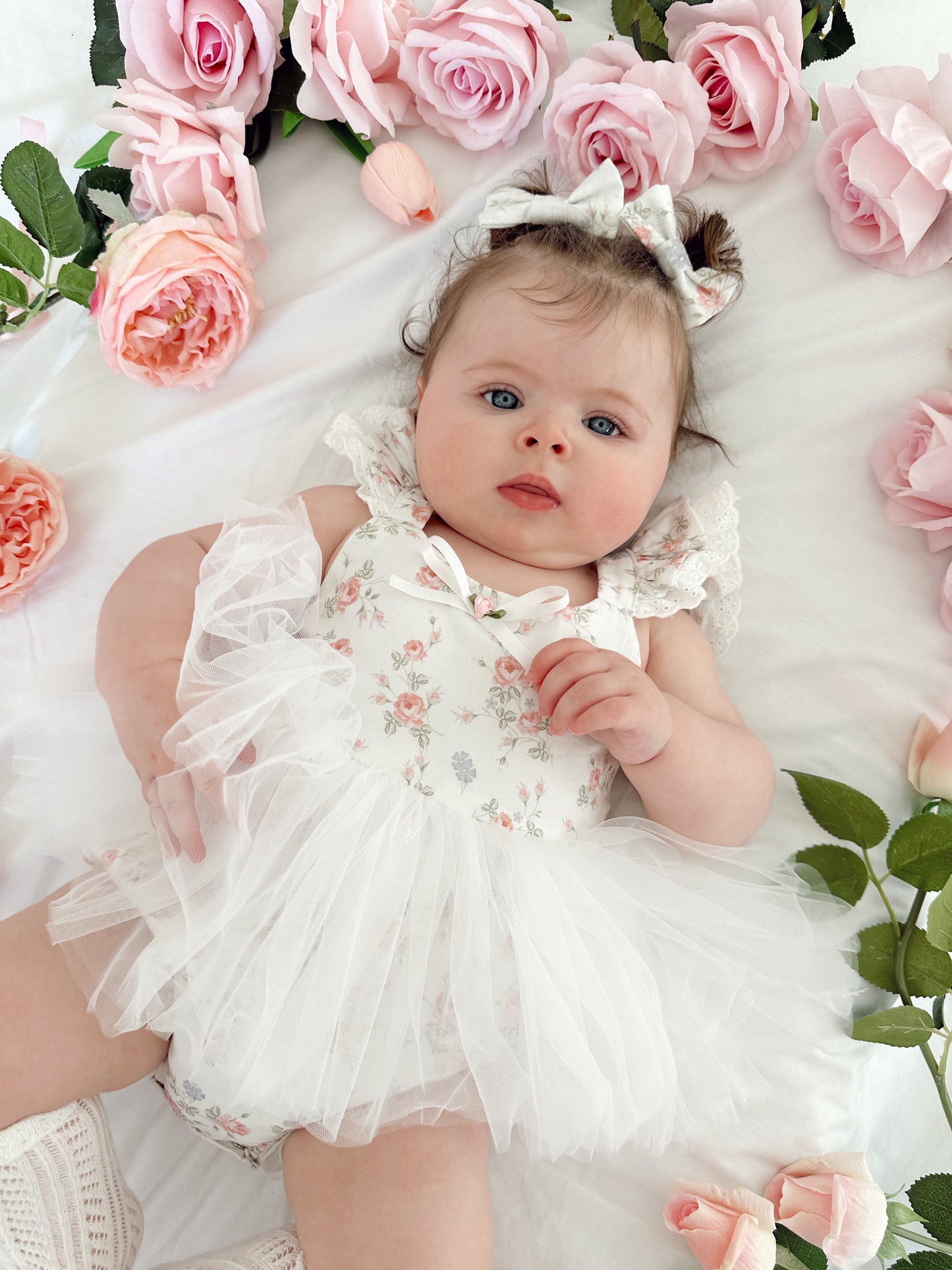 Cottage Fairy Baby Girl Floral White Tulle Party Romper