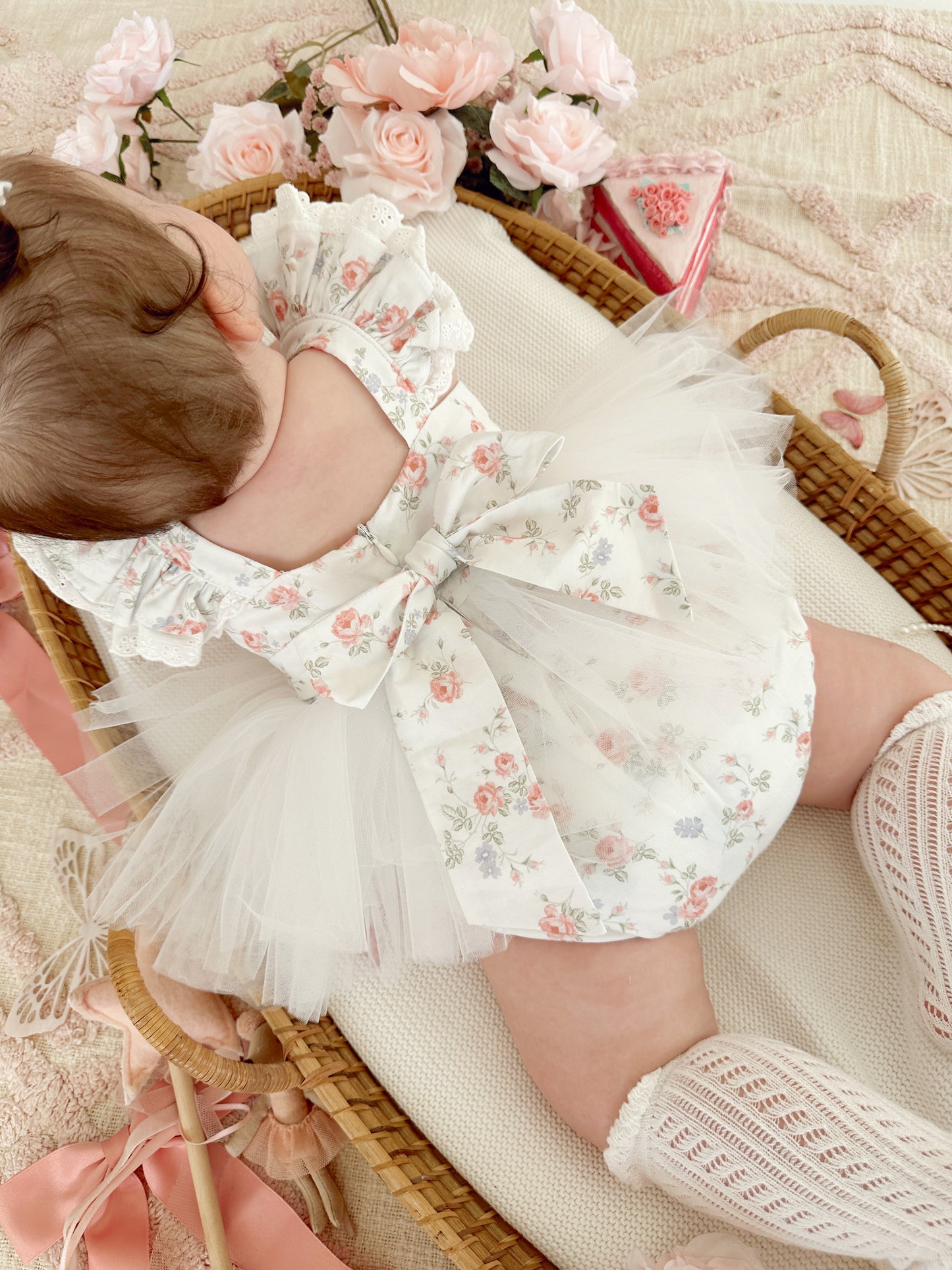 Cottage Fairy Baby Girl Floral White Tulle Party Romper