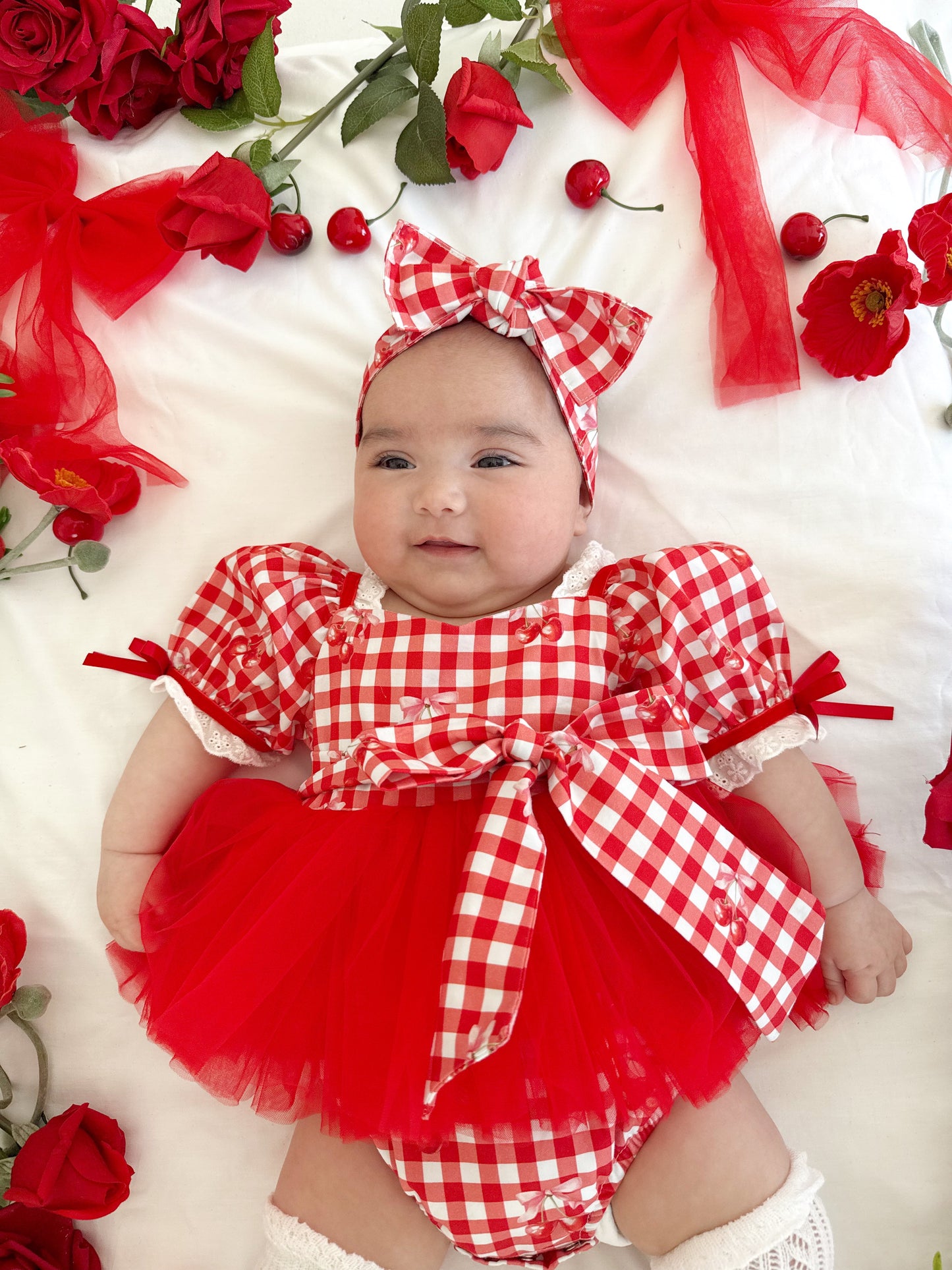 Cherry Lane Red Gingham Baby Girl Tulle Party Romper