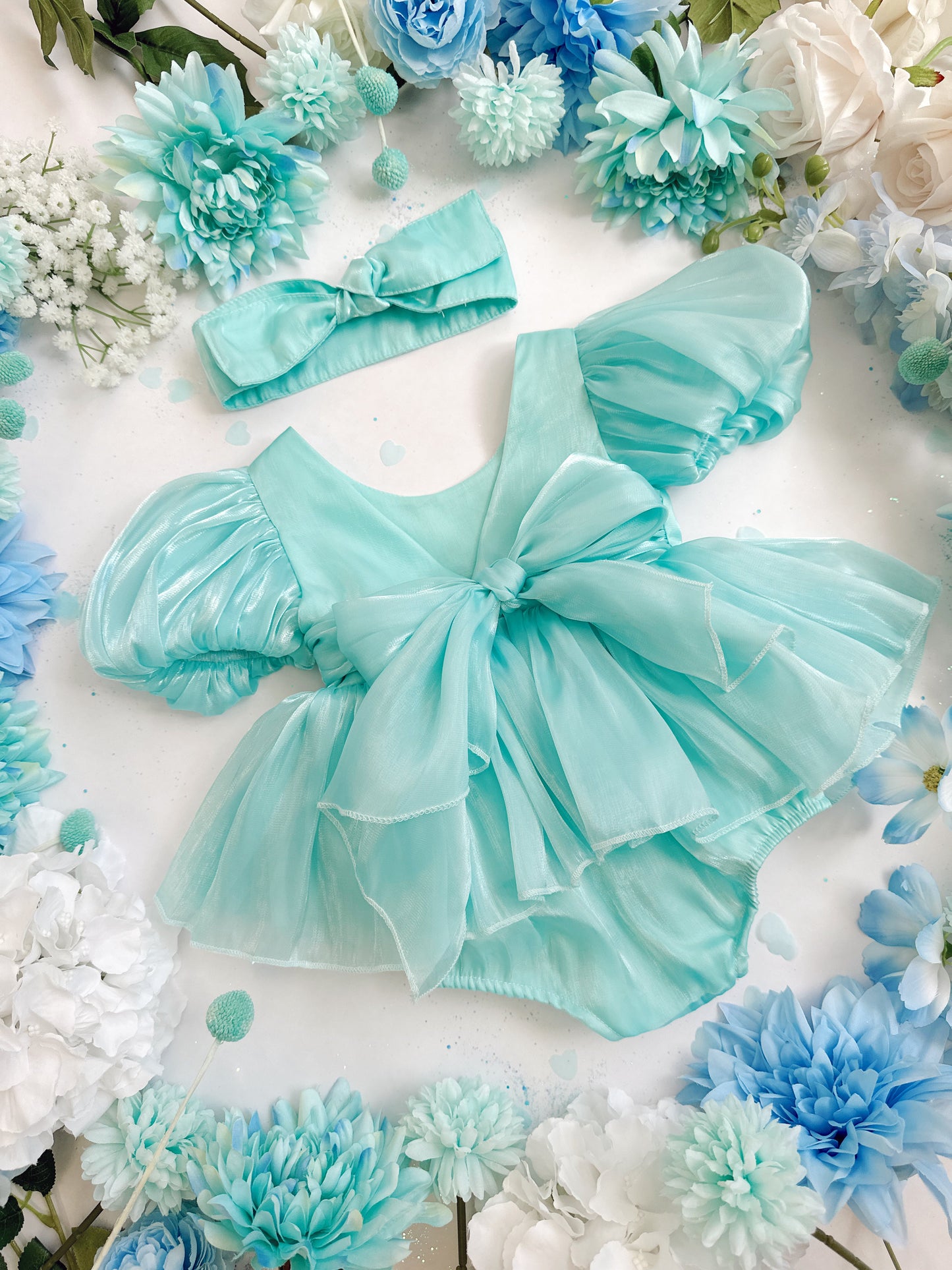 Dolly Turquoise Sky Organza Baby Girl Blue Party Romper