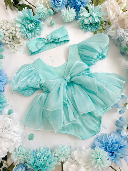 Dolly Turquoise Sky Organza Baby Girl Blue Party Romper