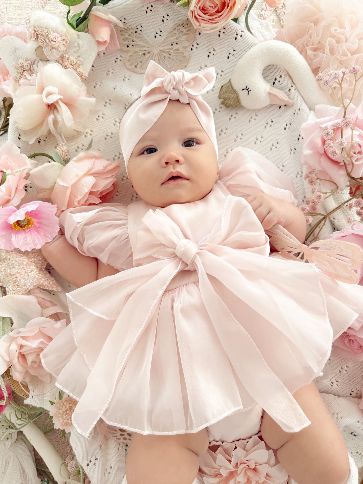 Scarlette Rose Petal Pink Organza Baby Girl Party Romper