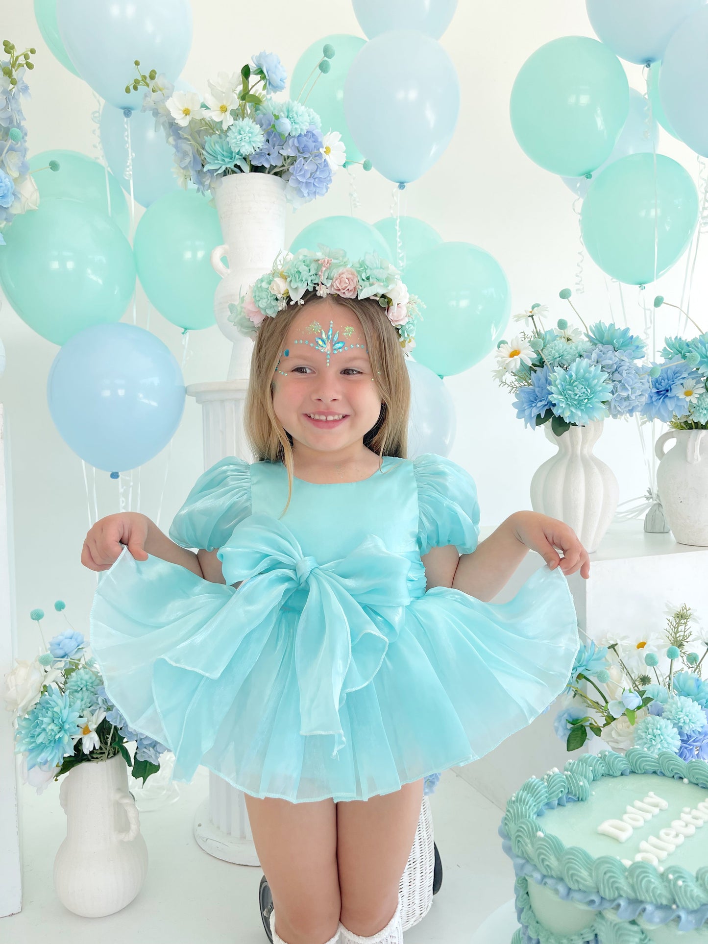 Dolly Turquoise Sky Organza Baby Girl Blue Party Romper