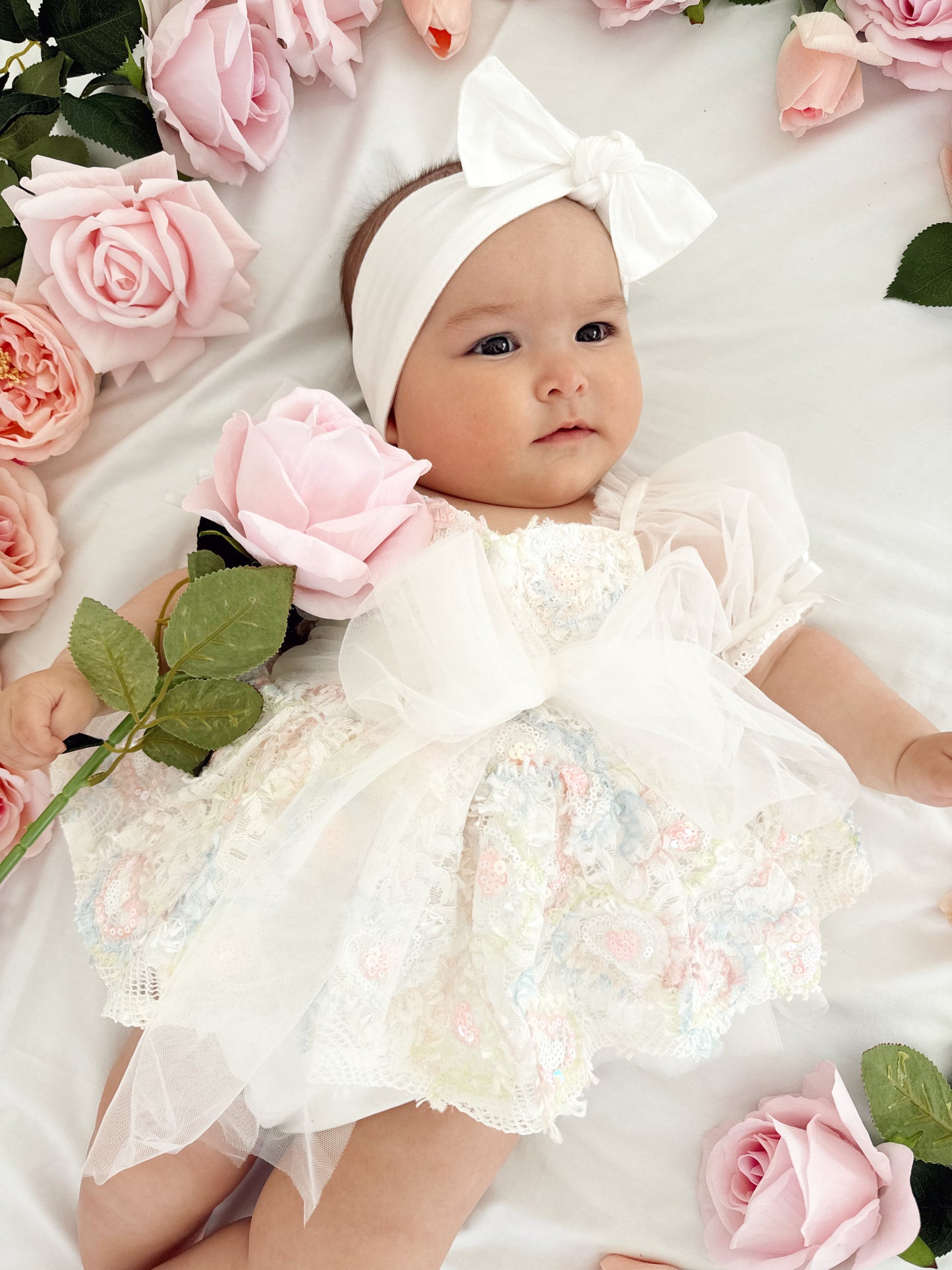 Josephine Lace Blossom Baby Girl Sequin White Tulle Party Romper