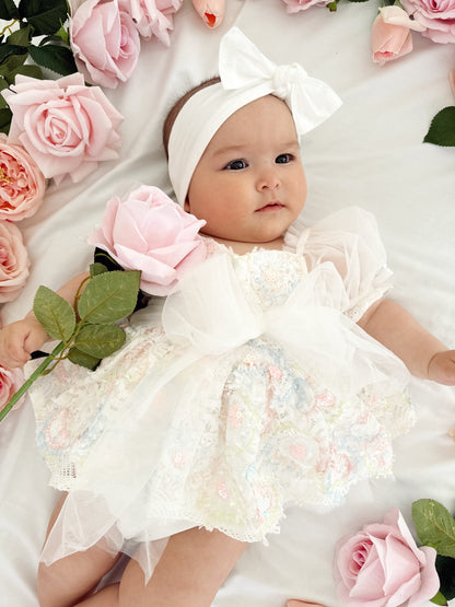 Josephine Lace Blossom Baby Girl Sequin White Tulle Party Romper