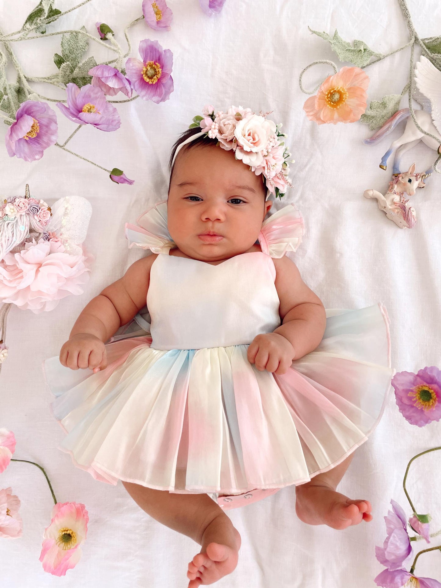 Lolly Pastel Rainbow Organza Baby Girl Party Romper