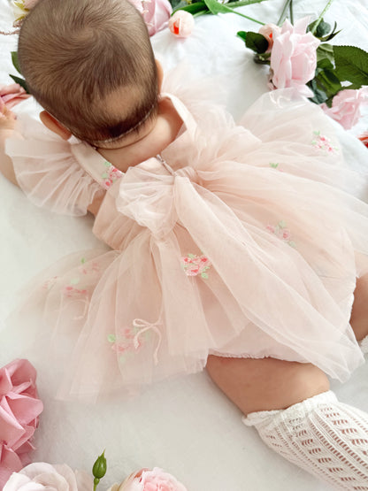 Belle Bow Perfect Pink Embroidered Baby Girl Tulle Party Romper