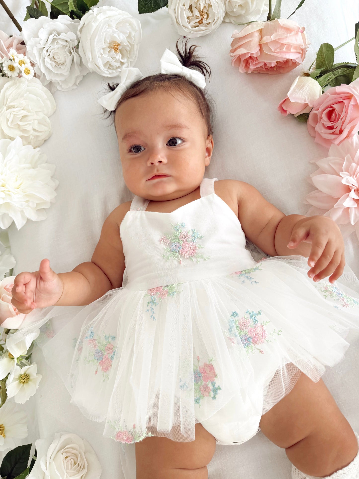 Aletta White Embroidered Baby Girl Tulle Party Romper