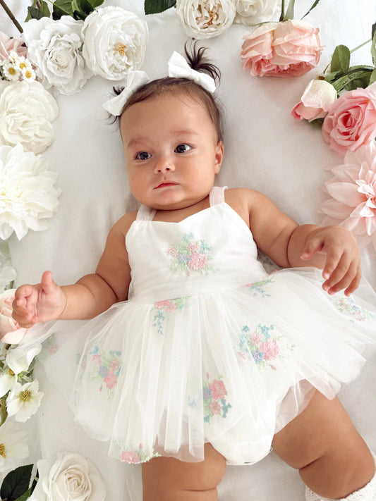 Aletta White Embroidered Baby Girl Tulle Party Romper