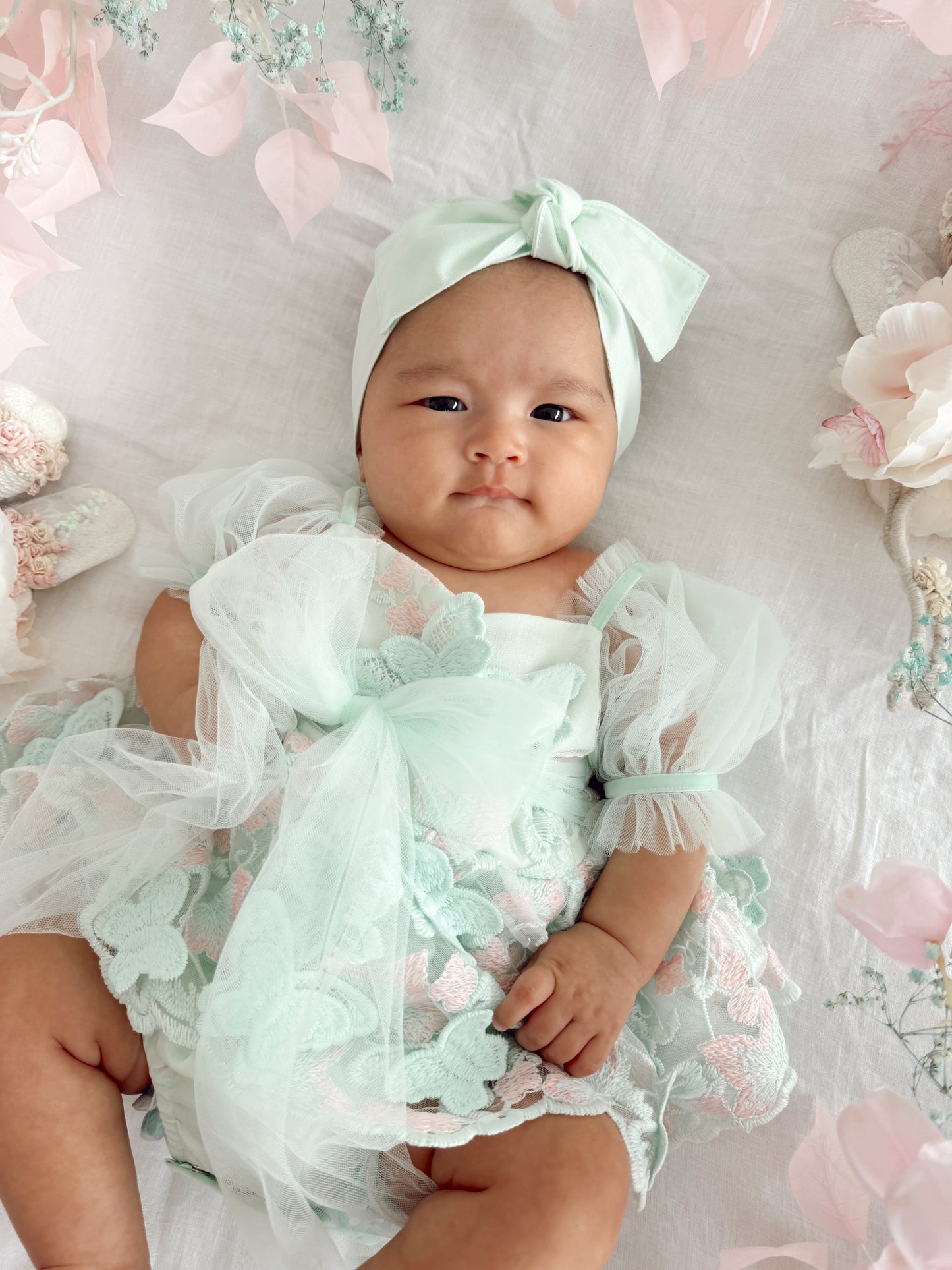 Butterfly Kisses Peppermint Pink Embroidered Baby Girl Tulle Party Romper