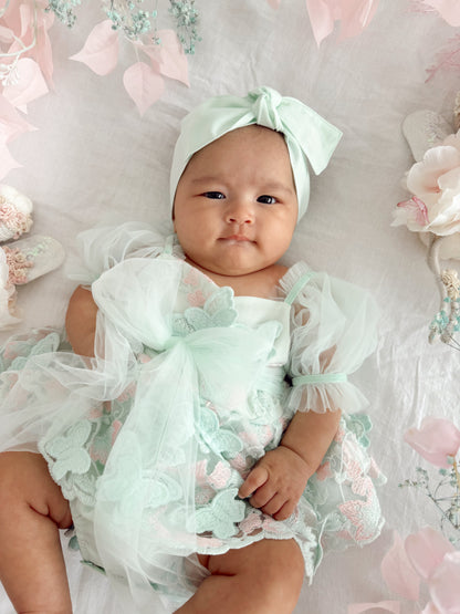 Butterfly Kisses Peppermint Pink Embroidered Baby Girl Tulle Party Romper