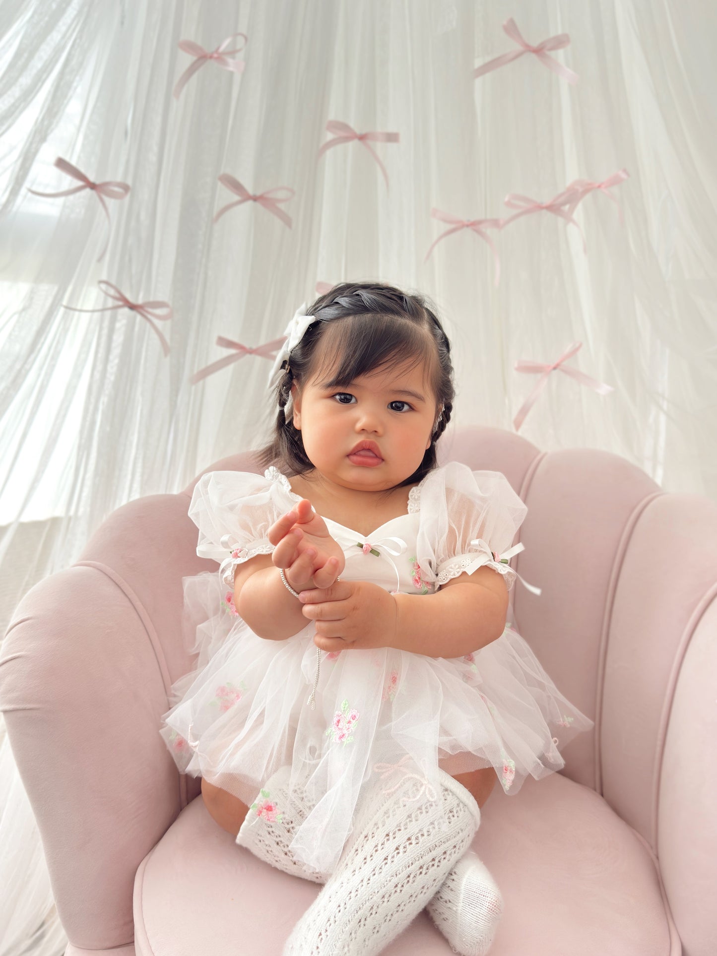 Fleur Butterfly Embroidered Baby Girl White Tulle Party Romper