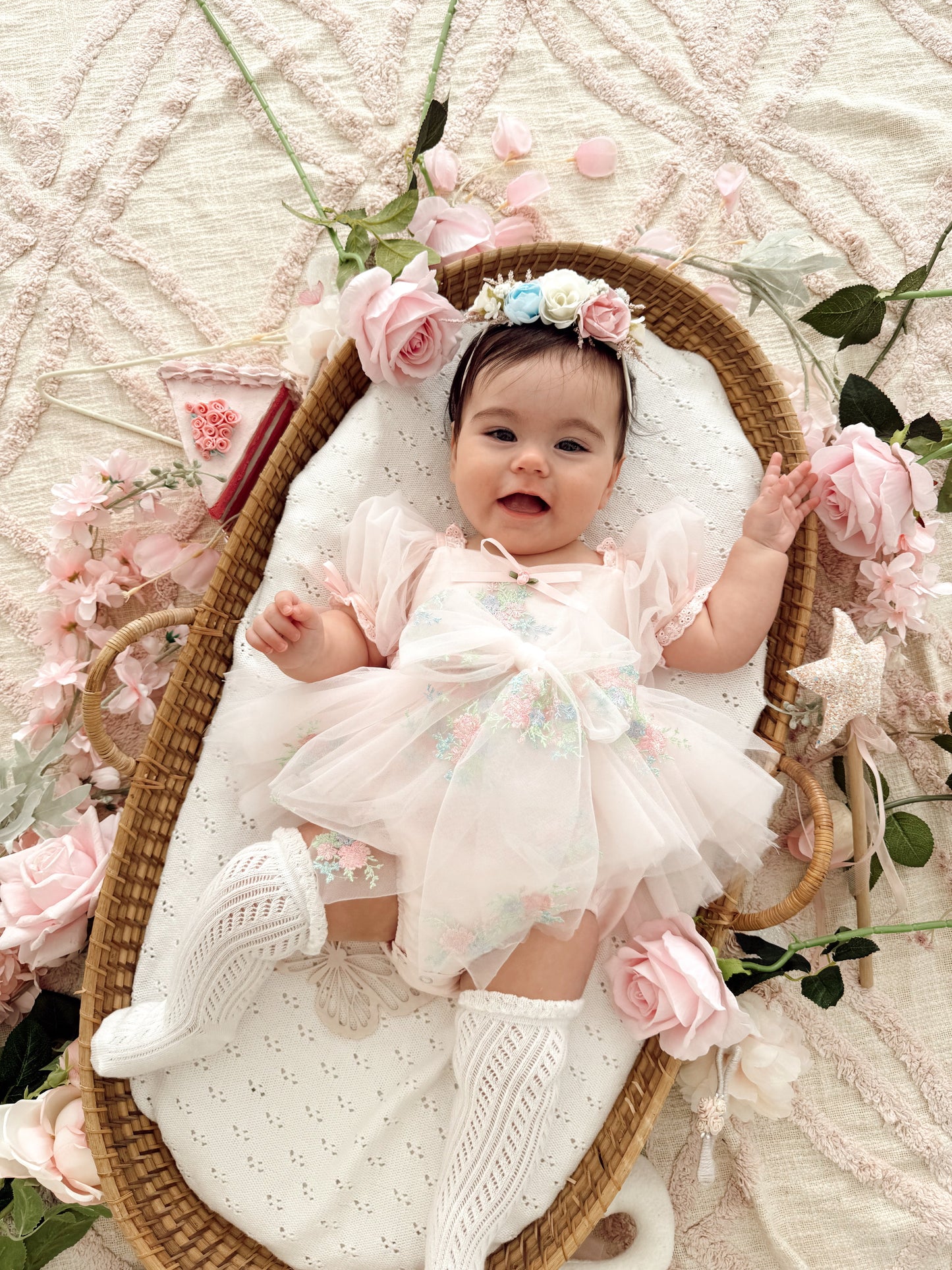 Peony Bloom Petal Pink Embroidered Baby Girl Tulle Party Romper