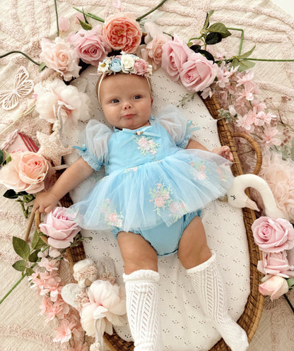 Afina Blue Embroidered Baby Girl Tulle Party Romper