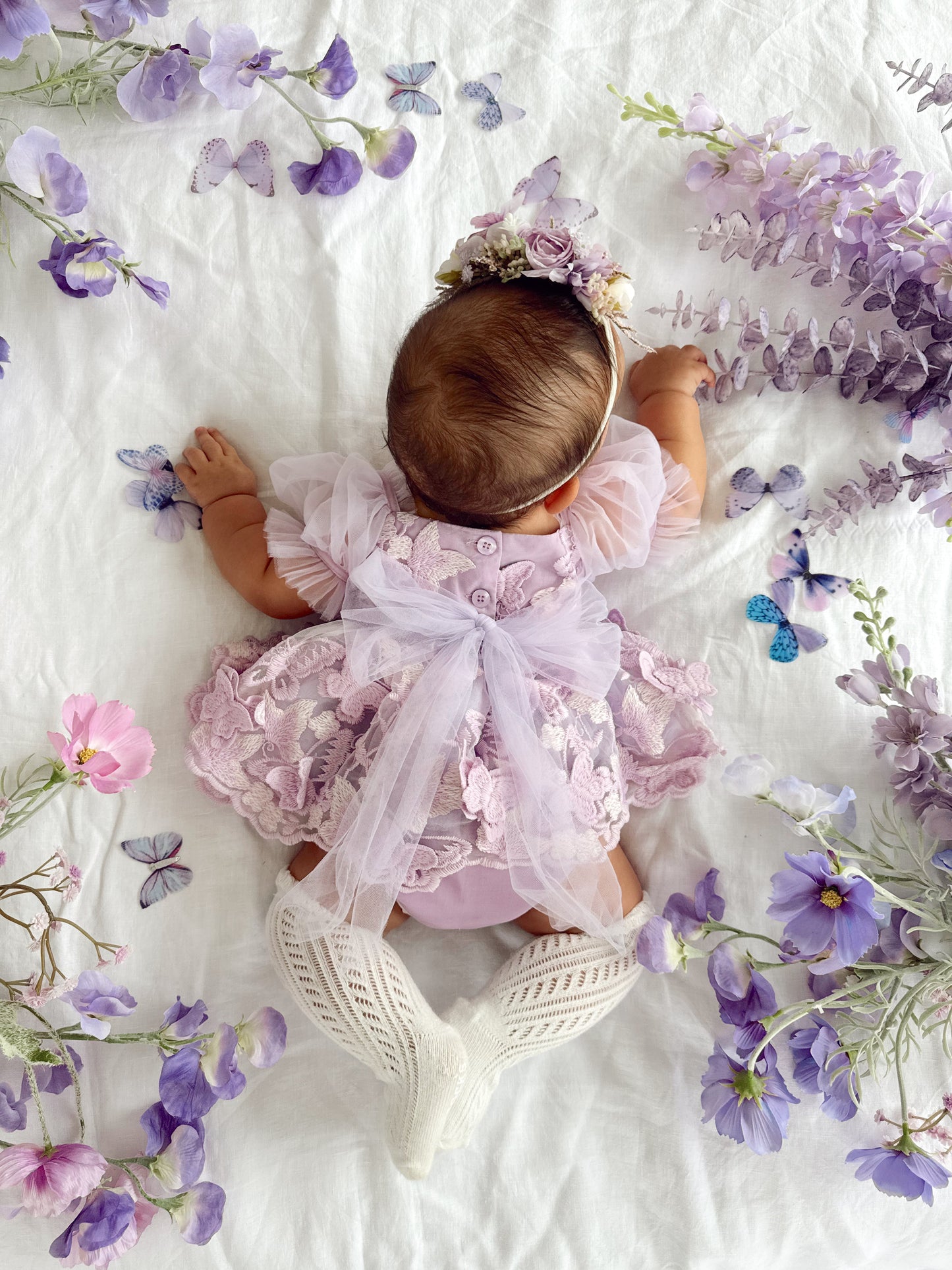 Butterfly Kisses Lilac Pink Rose Embroidered Baby Girl Tulle Party Romper