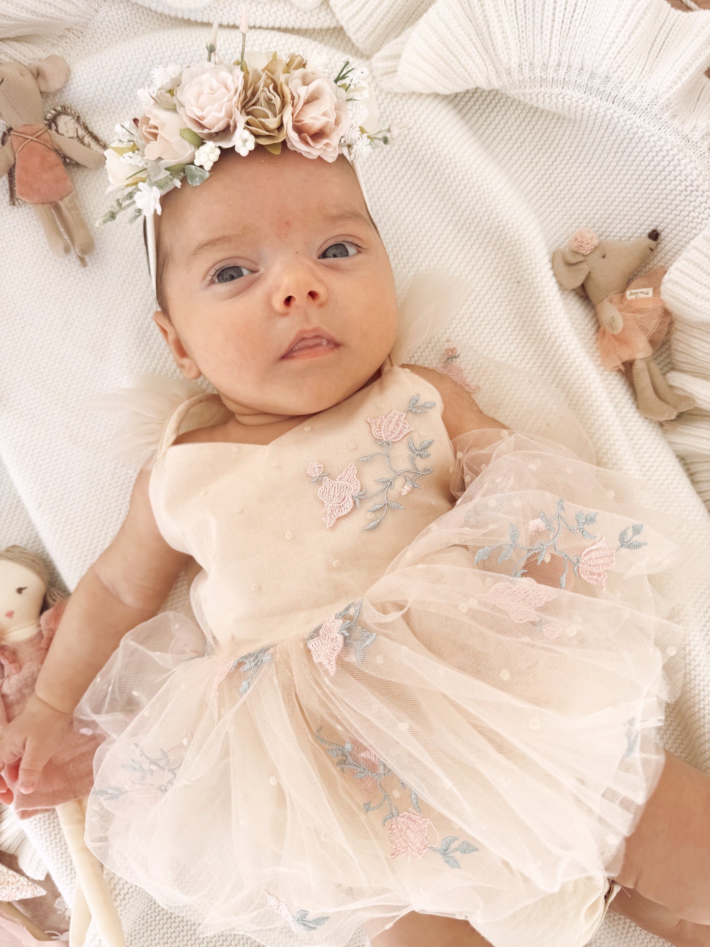 The Rose Champagne Embroidered Baby Girl Tulle Party Romper