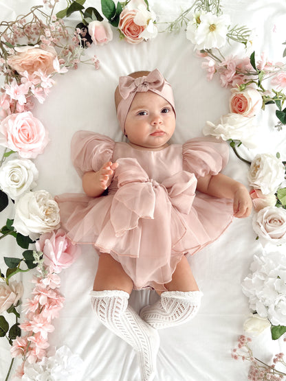 Clementine Matte Blush Rose Pink Organza Baby Girl Romper