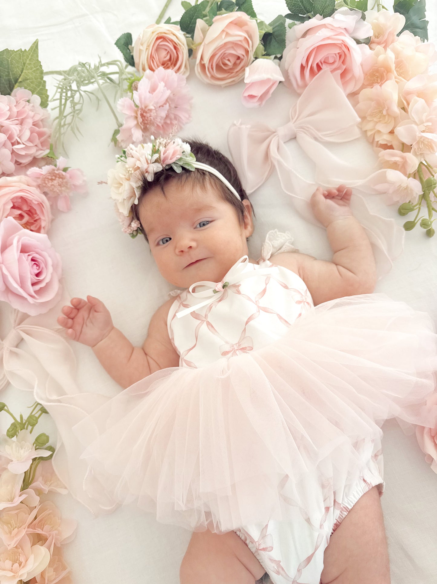 Rosette Pink Bow Baby Girl Tulle Party Romper