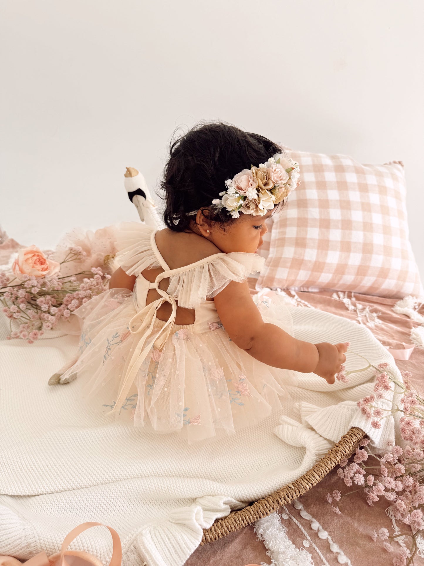 The Rose Champagne Embroidered Baby Girl Tulle Party Romper