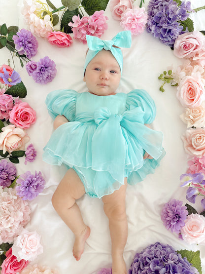 Dolly Turquoise Sky Organza Baby Girl Blue Party Romper
