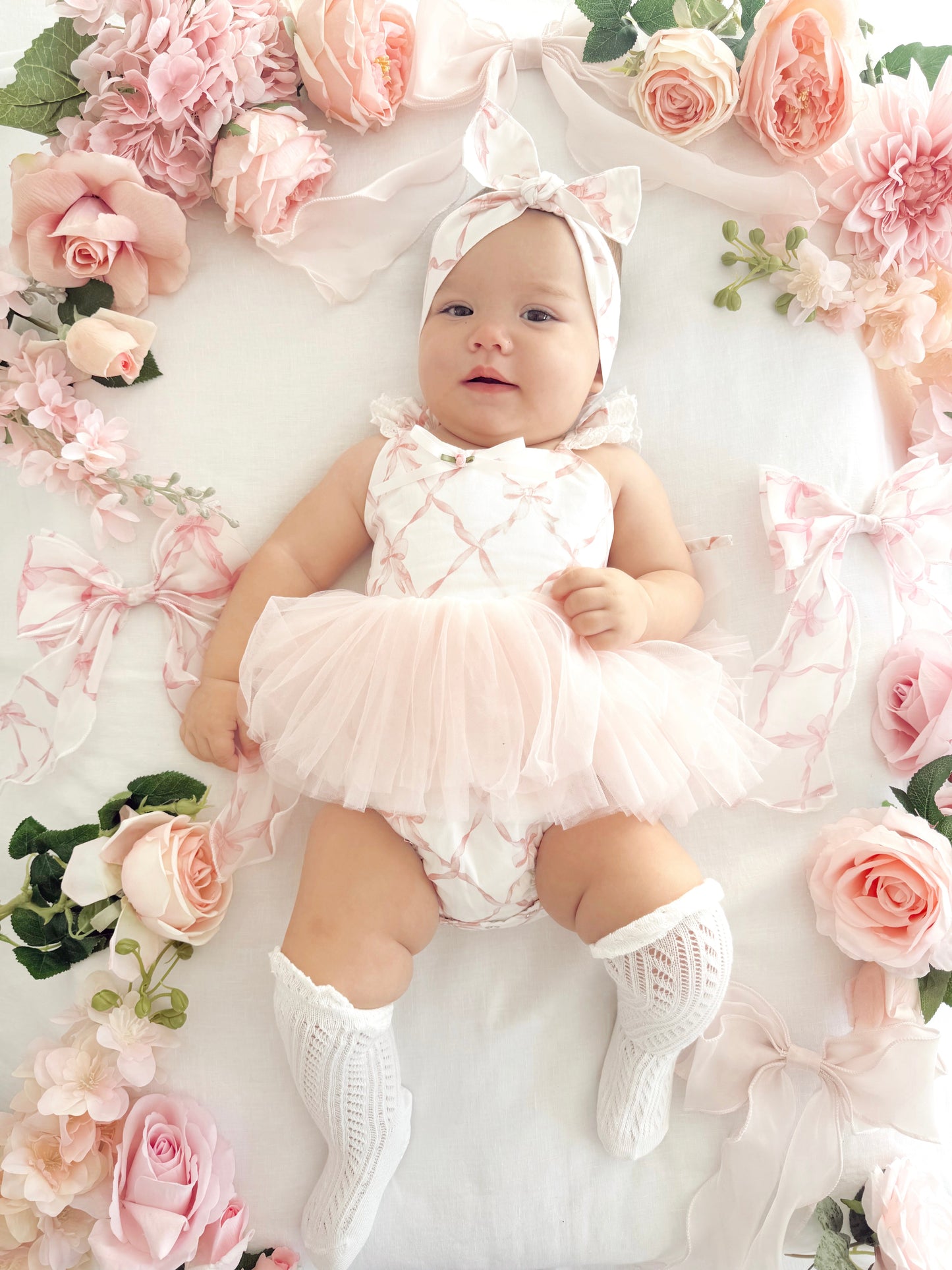 Rosette Pink Bow Baby Girl Tulle Party Romper
