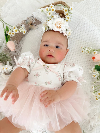 Odessa Flower Perfect Pink Floral Baby Girl Tulle Party Romper
