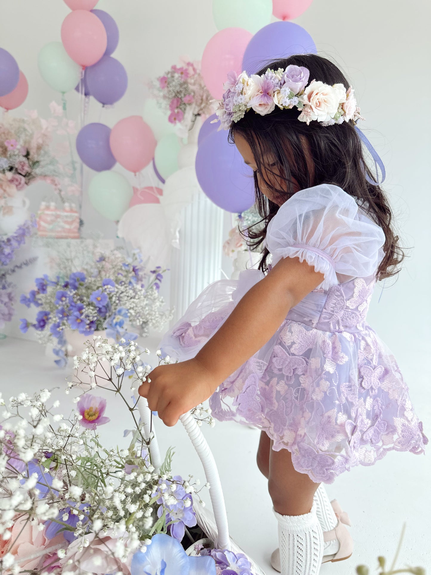 Butterfly Kisses Lilac Pink Rose Embroidered Baby Girl Tulle Party Romper