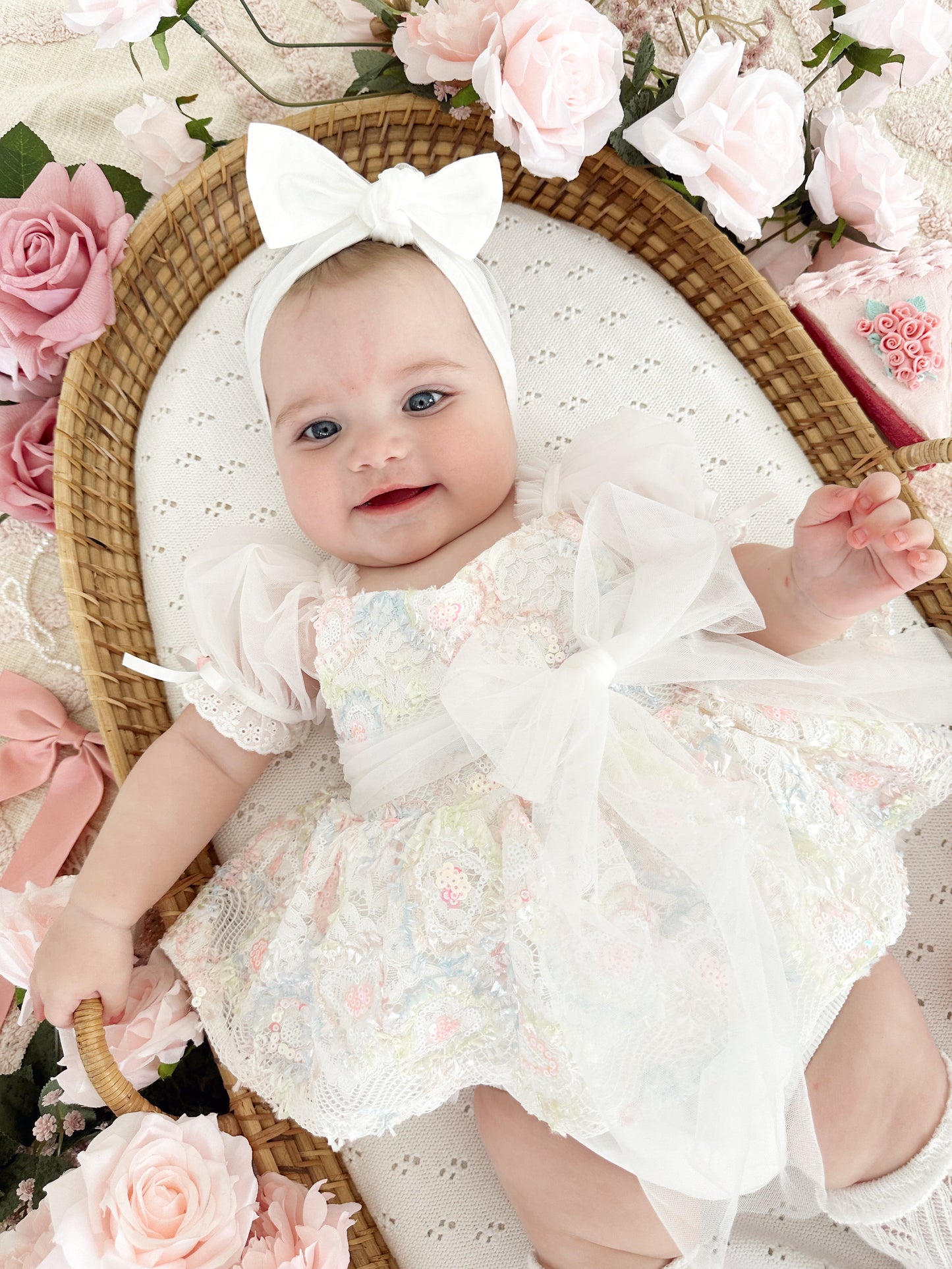 Josephine Lace Blossom Baby Girl Sequin White Tulle Party Romper