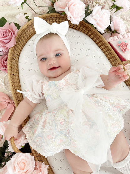 Josephine Lace Blossom Baby Girl Sequin White Tulle Party Romper