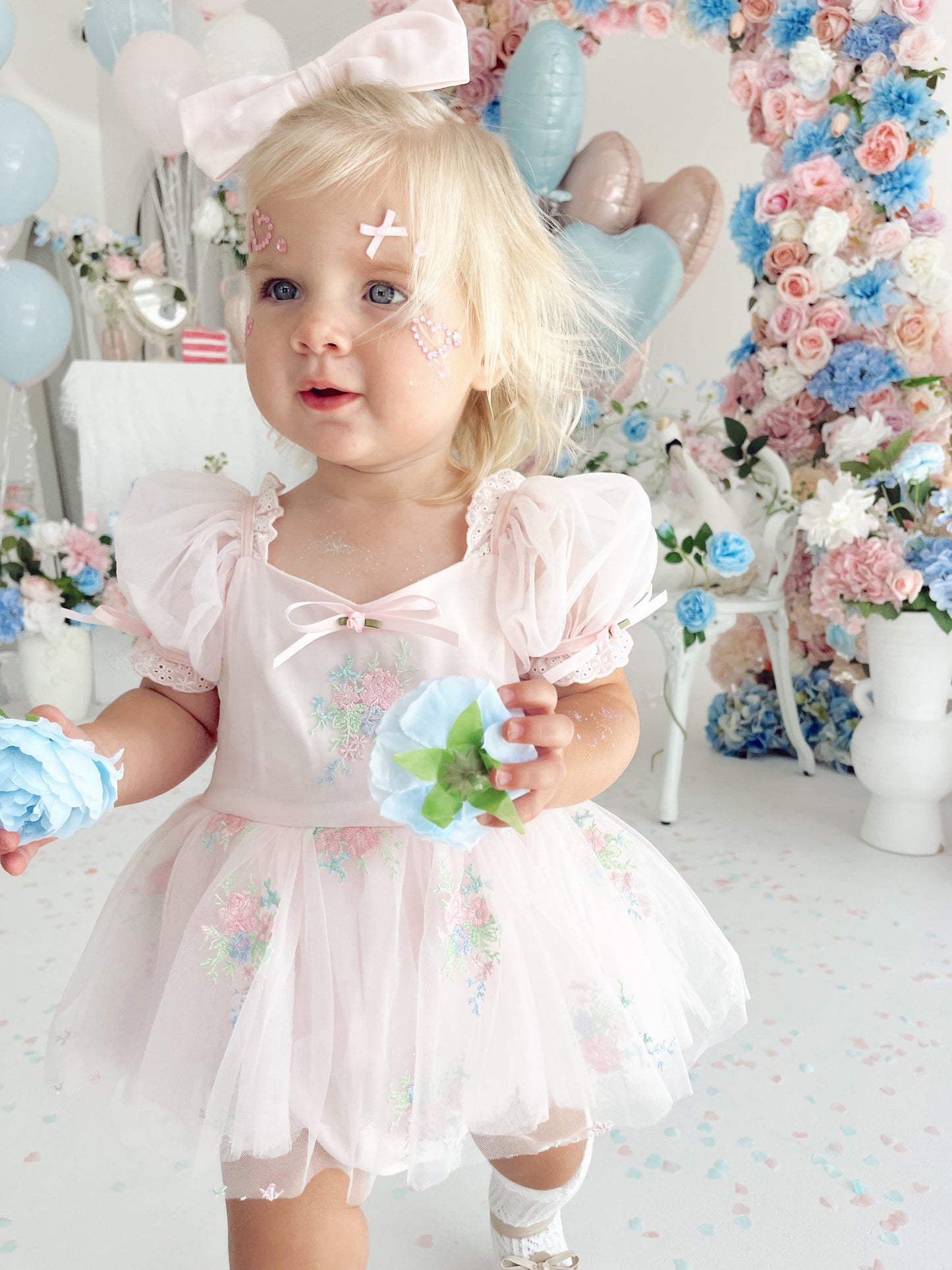 Peony Bloom Petal Pink Embroidered Baby Girl Tulle Party Romper