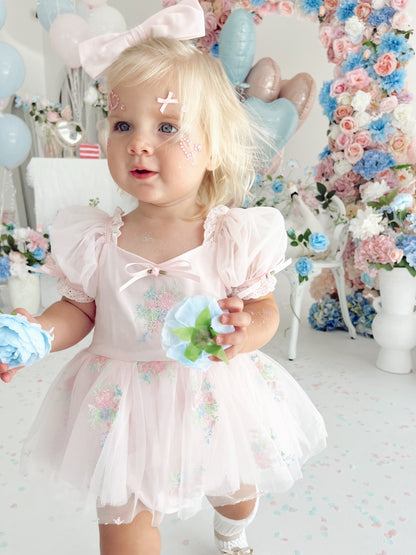 Peony Bloom Petal Pink Embroidered Baby Girl Tulle Party Romper