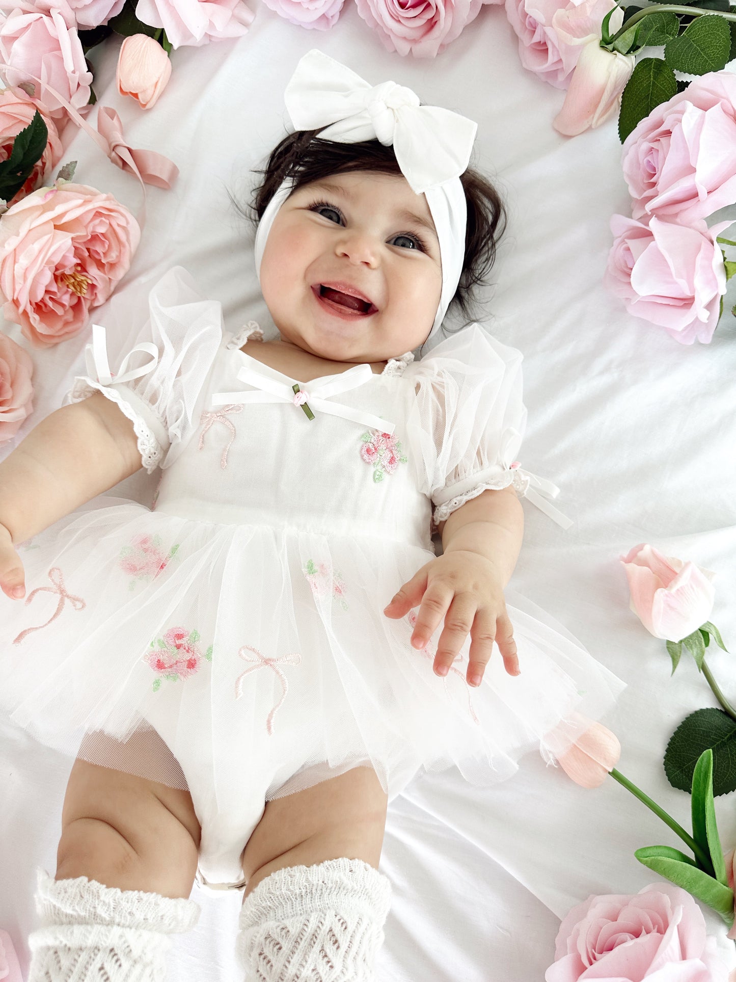 Fleur Butterfly Embroidered Baby Girl White Tulle Party Romper