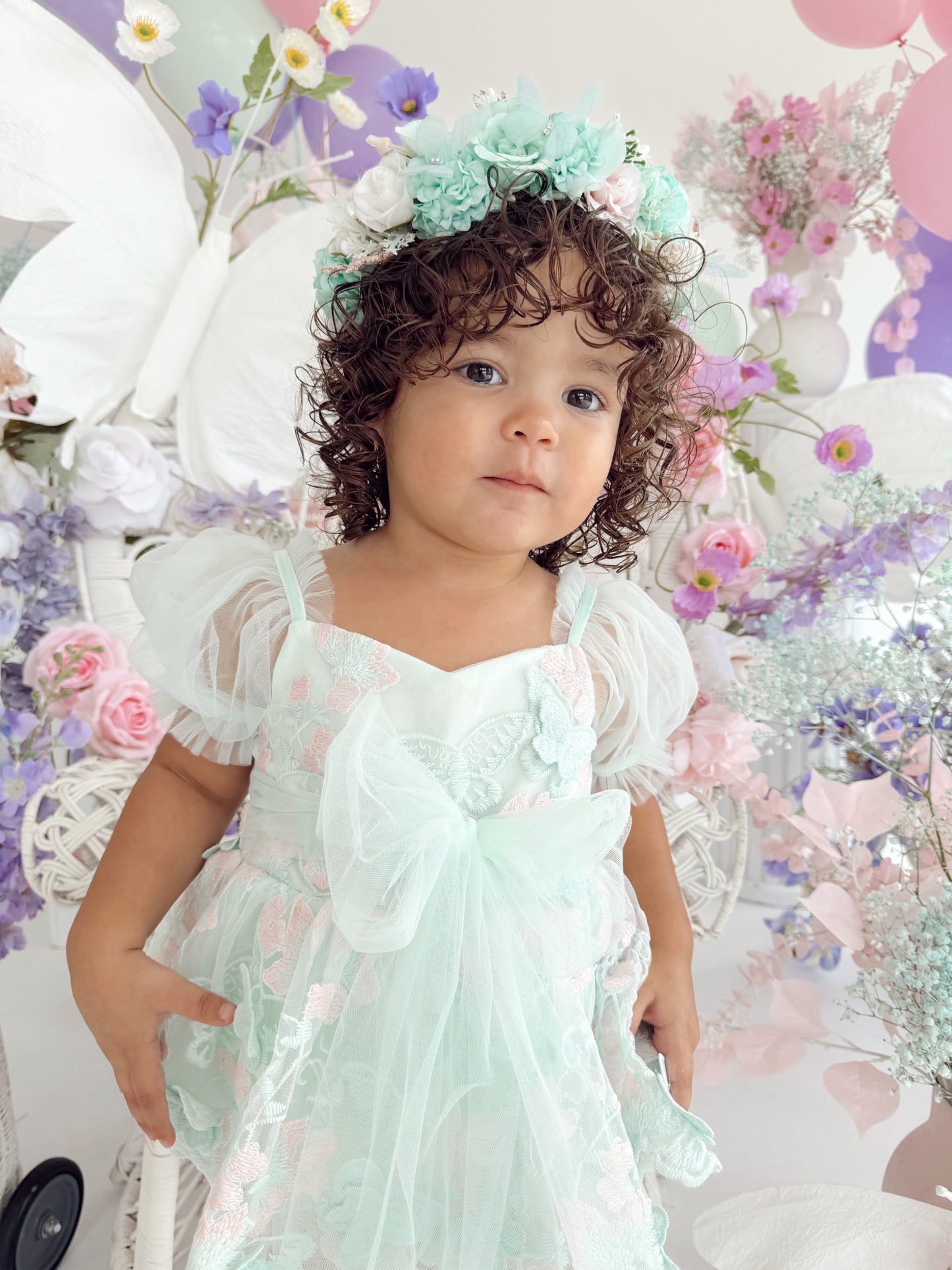 Butterfly Kisses Peppermint Pink Embroidered Baby Girl Tulle Party Romper