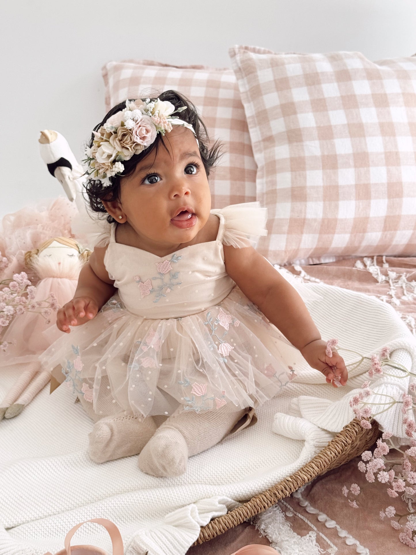 The Rose Champagne Embroidered Baby Girl Tulle Party Romper